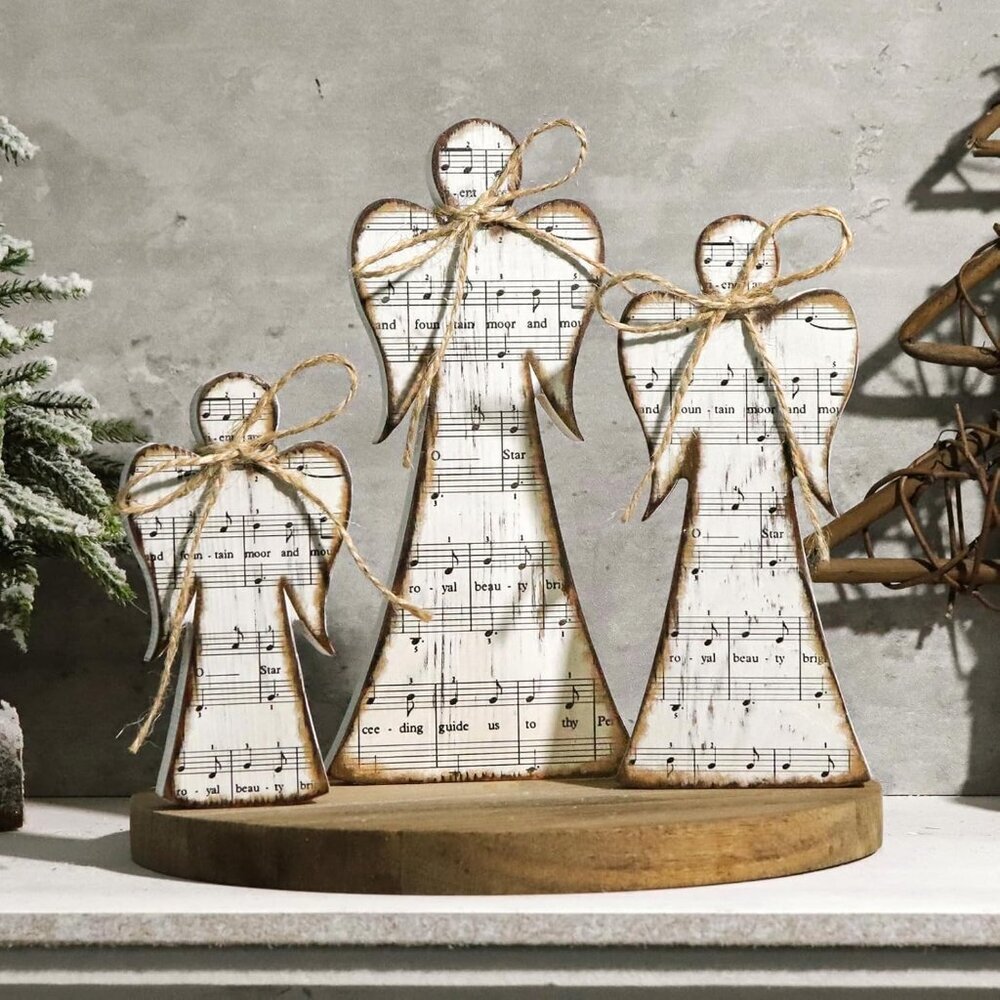 Rustic 3Pcs Angel Decor with Angel Statue, Christmas Carols Background Table Dec